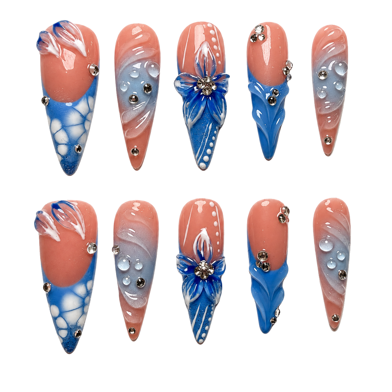 Blue Serenity blue 3d floral reusable press-on nail set