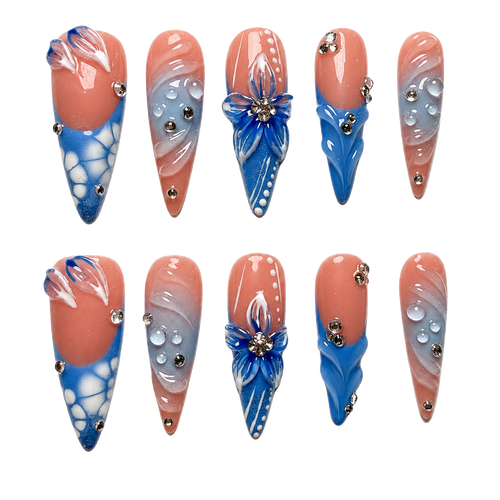 Blue Serenity blue 3d floral reusable press-on nail set