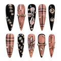 Blush Noir luxury long stiletto press-on nail set with black and blush plaid and silver embellishments