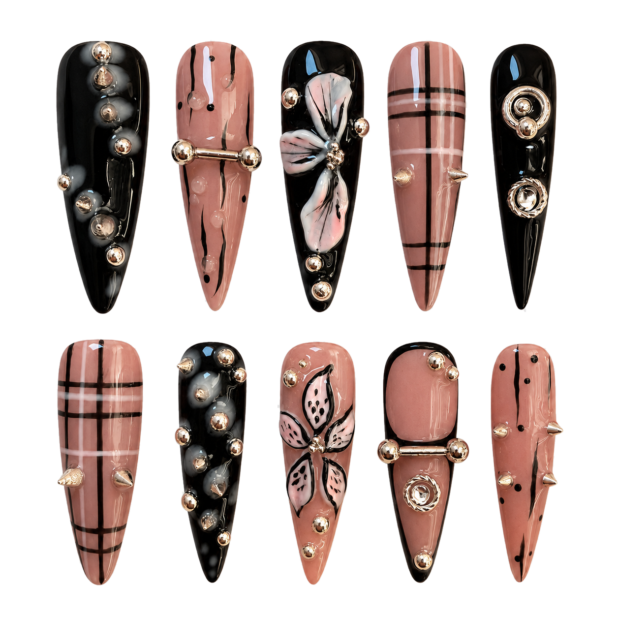 Blush Noir luxury long stiletto press-on nail set with black and blush plaid and silver embellishments