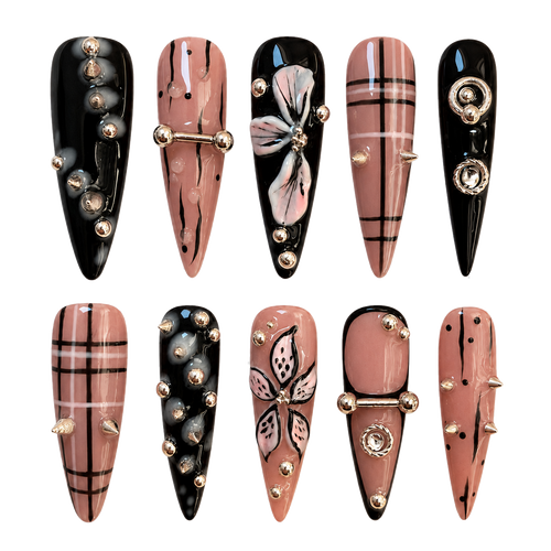 Blush Noir luxury long stiletto press-on nail set with black and blush plaid and silver embellishments