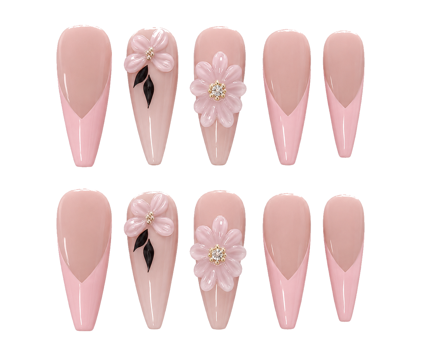 Blush Petal Long coffin · sculpted floral reusable press-on nail set