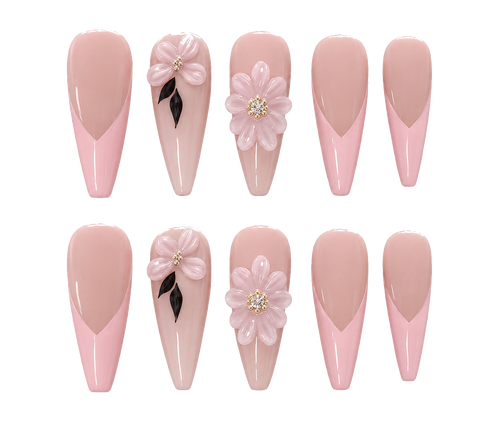 Blush Petal Long coffin · sculpted floral reusable press-on nail set