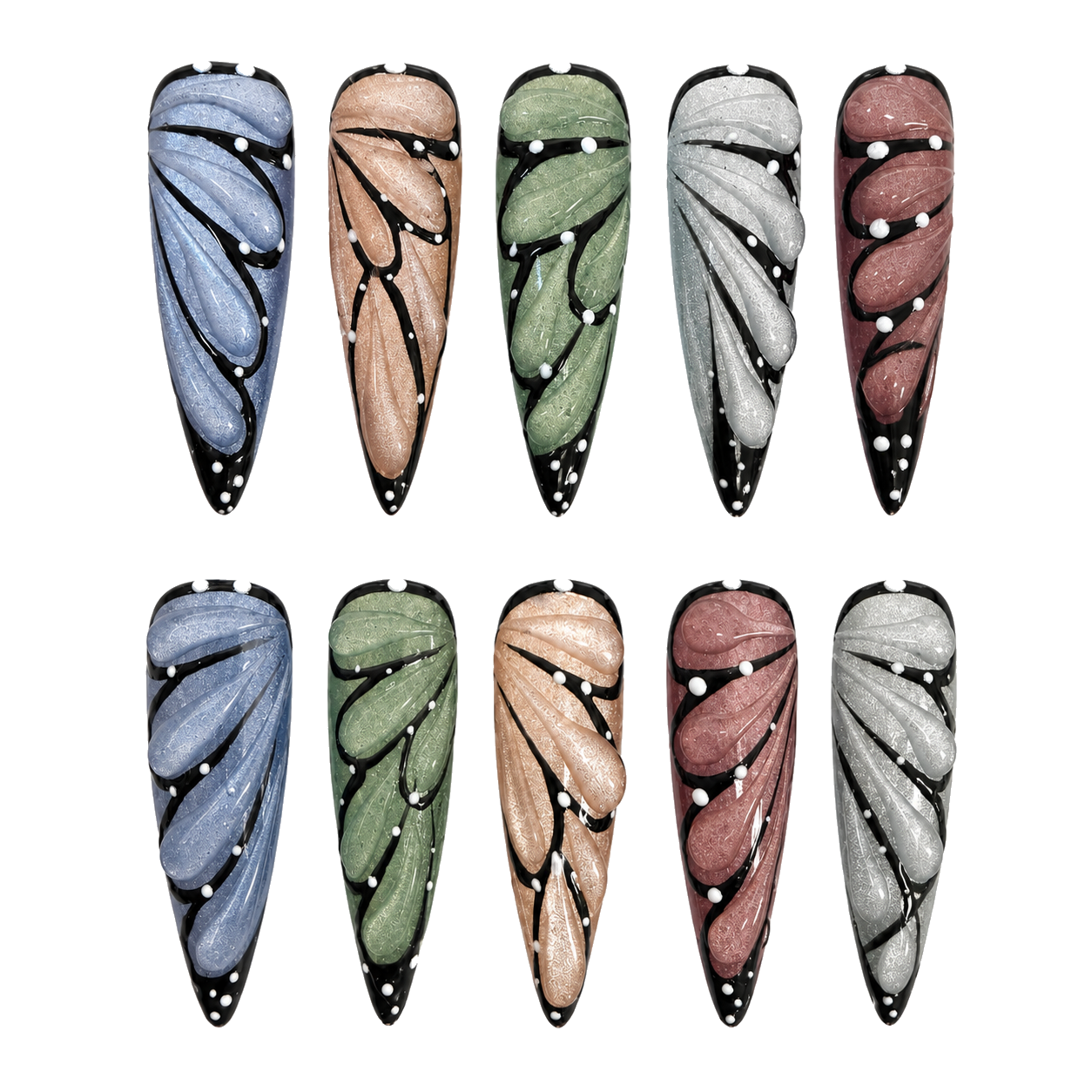 Butterfly Wings multicolor long stiletto press-on nail set with hand-painted wing art