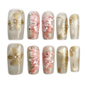 Champagne Garden long square gold and pink floral shimmer press-on nail set