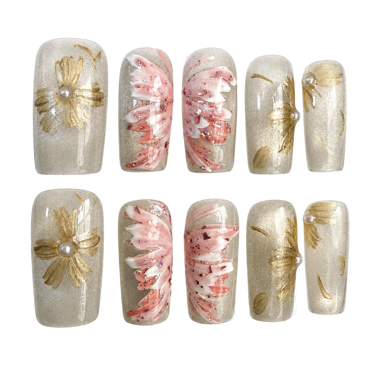 Champagne Garden long square gold and pink floral shimmer press-on nail set