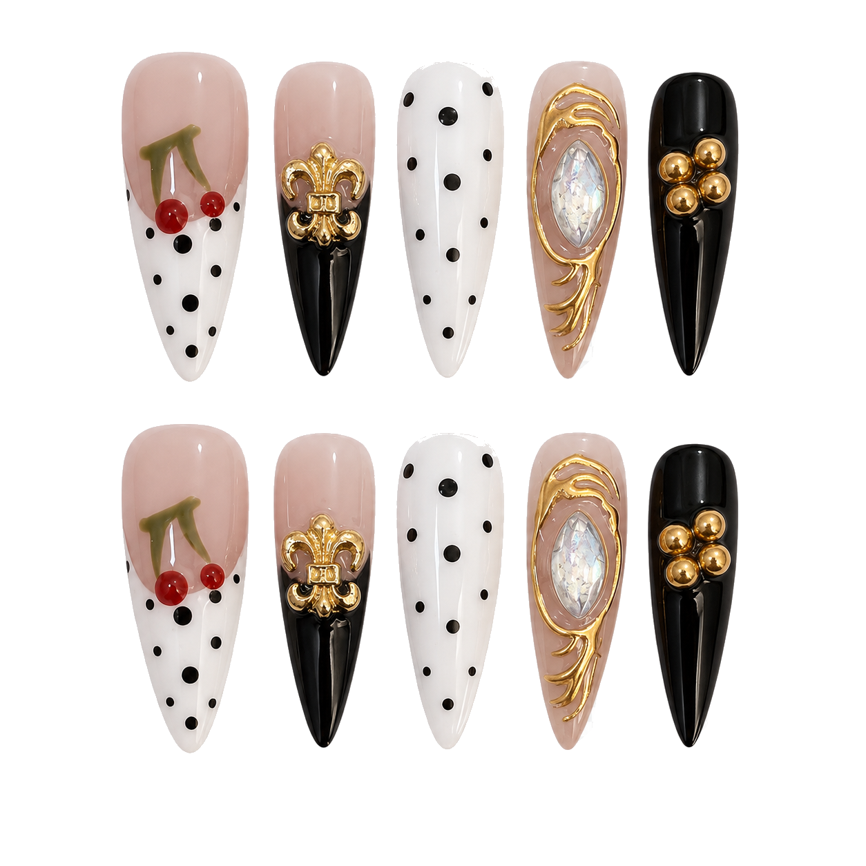 Cherry Royale premium long almond cherry polka dot and gold press-on nail set