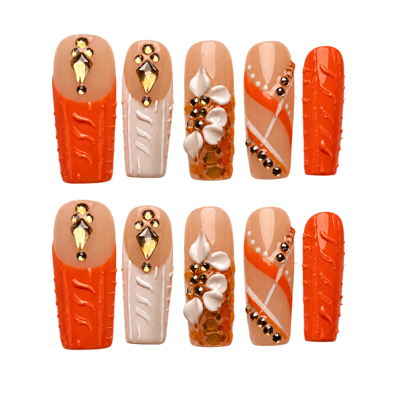 Coral Luxe orange 3d floral reusable press-on nail set