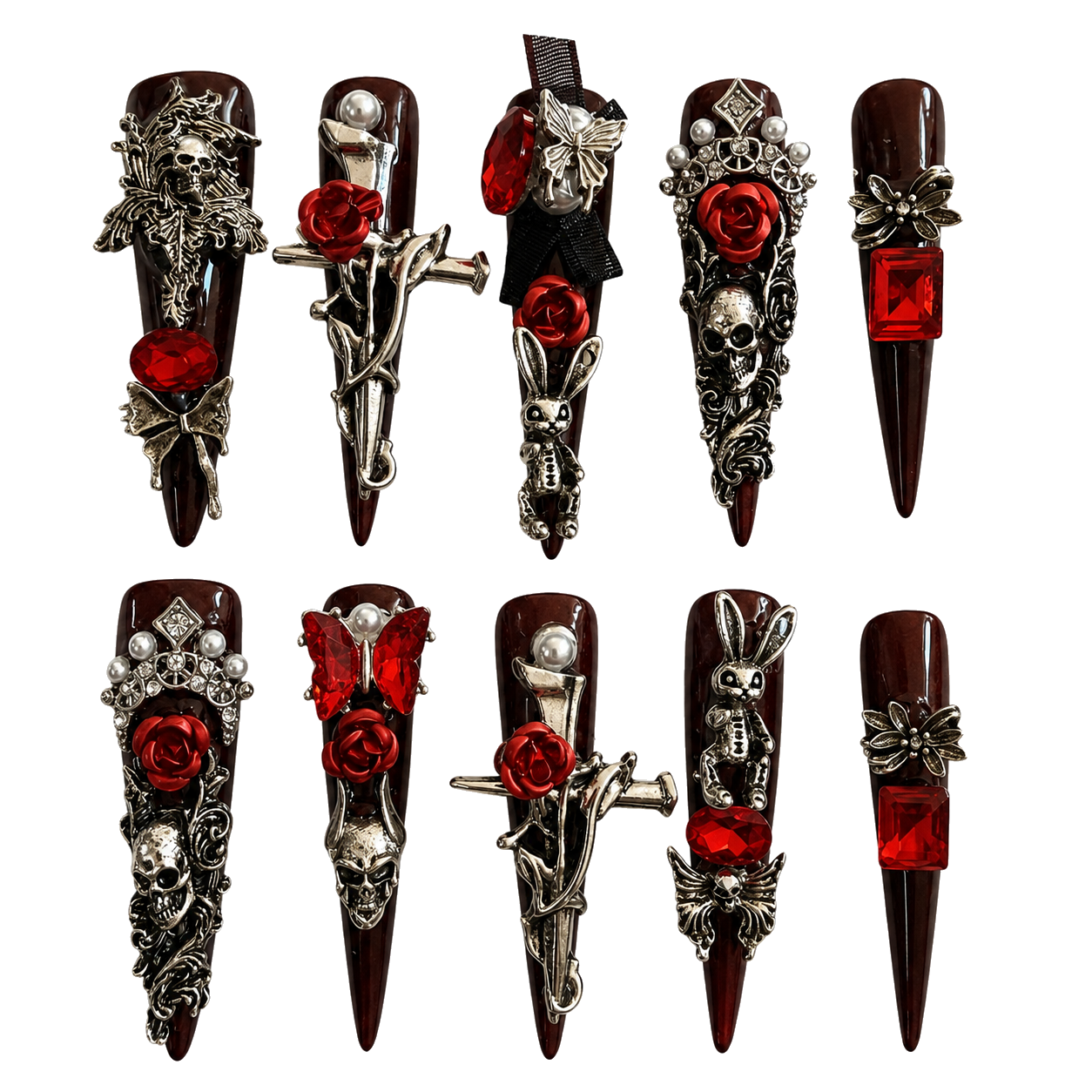 Crimson Romance red embellished reusable press-on nail set