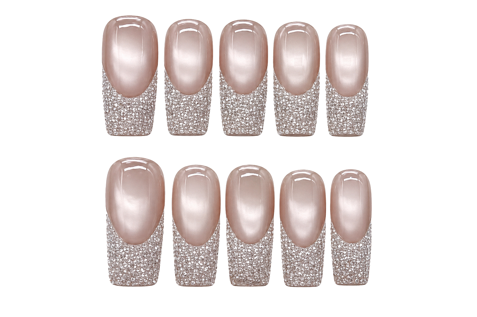 Crystal Champagne Short square · crystal French reusable press-on nail set