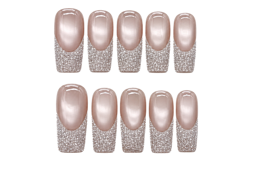 Crystal Champagne Short square · crystal French reusable press-on nail set