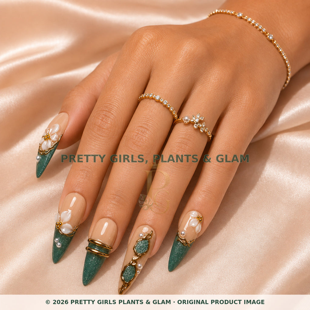 Emerald Pearl press-on nails modeled on a hand