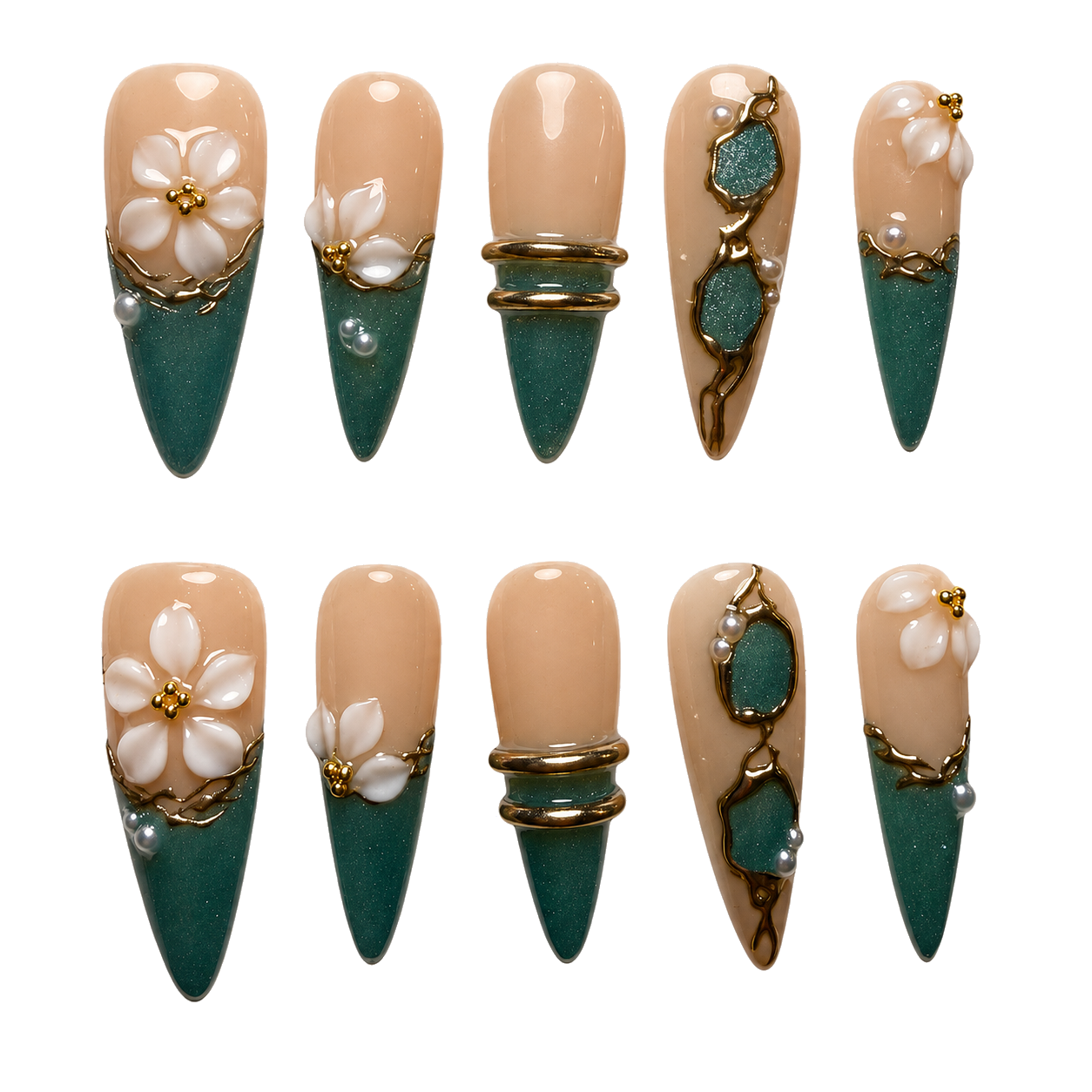 Emerald Pearl green 3d floral reusable press-on nail set