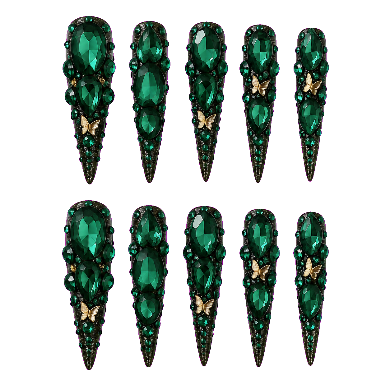Emerald Secret Extra-long stiletto · emerald crystal reusable press-on nail set