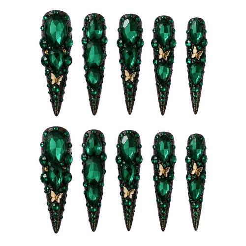 Emerald Secret Extra-long stiletto · emerald crystal reusable press-on nail set