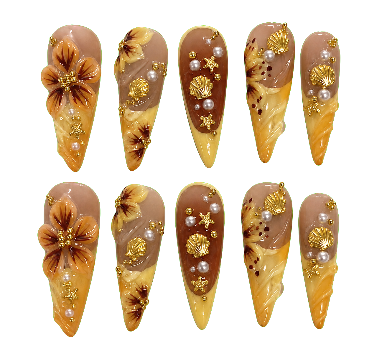 Golden Hour Long almond · pearl and gold reusable press-on nail set