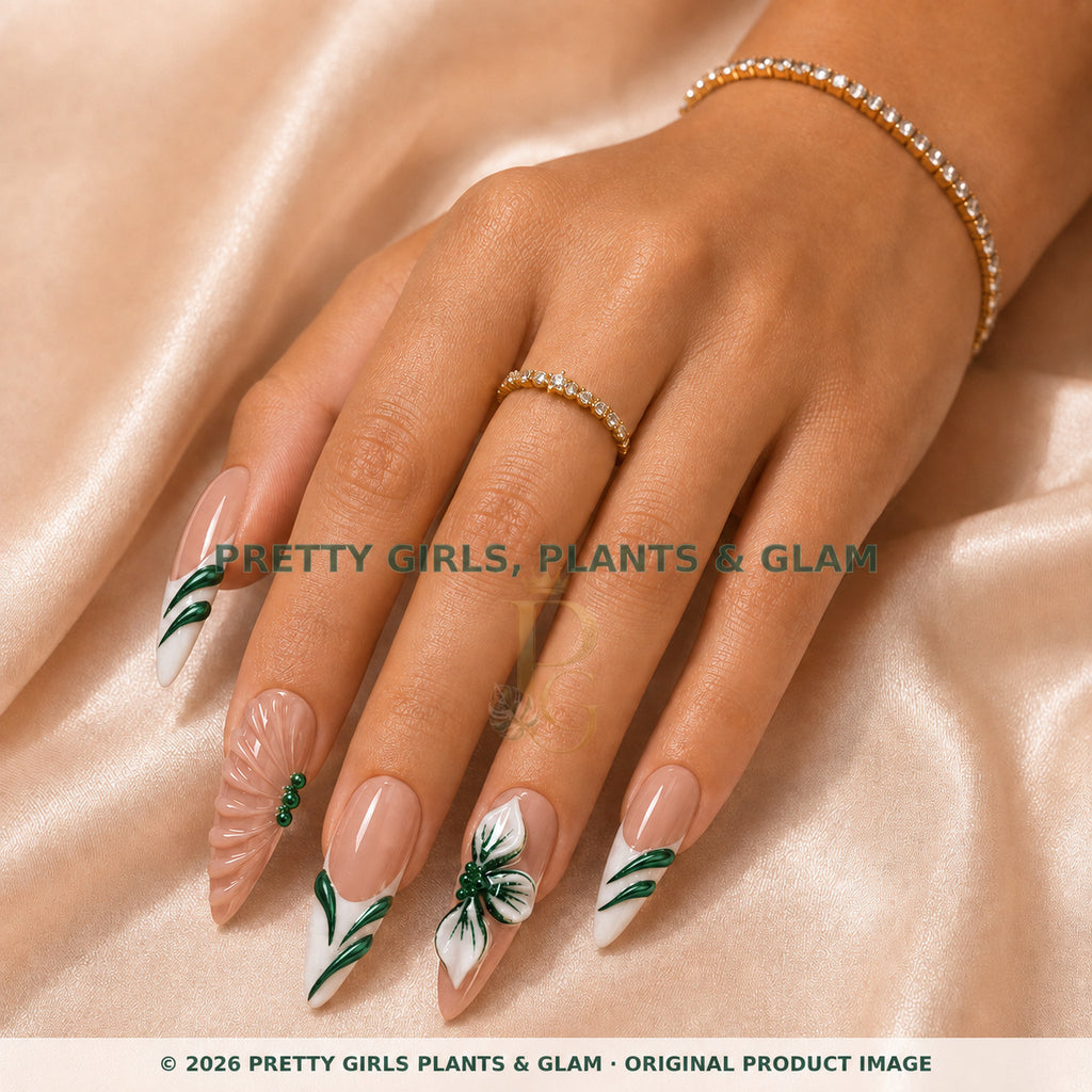 Golden Petal press-on nails modeled on a hand