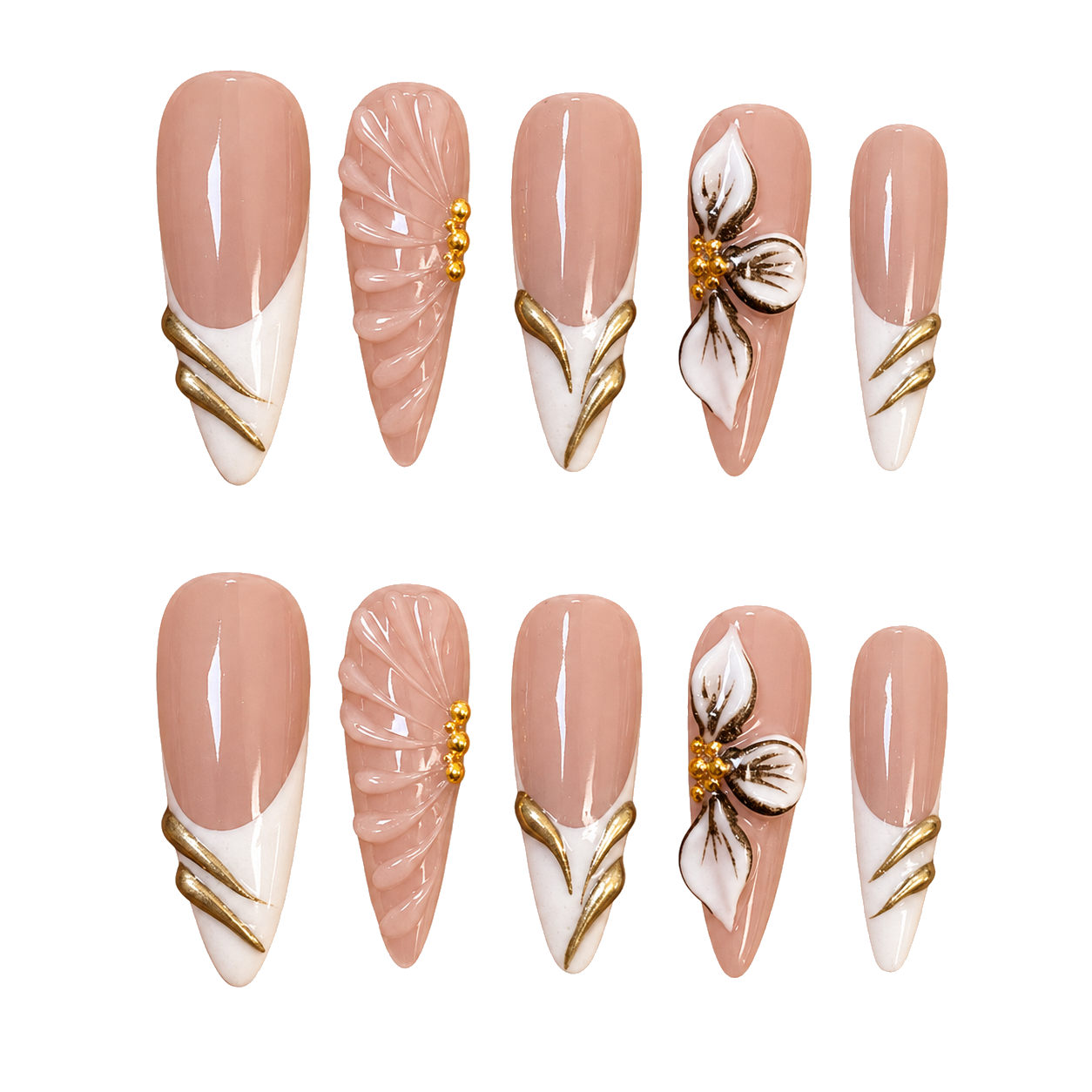 Golden Petal long almond nude white and gold floral press-on nail set