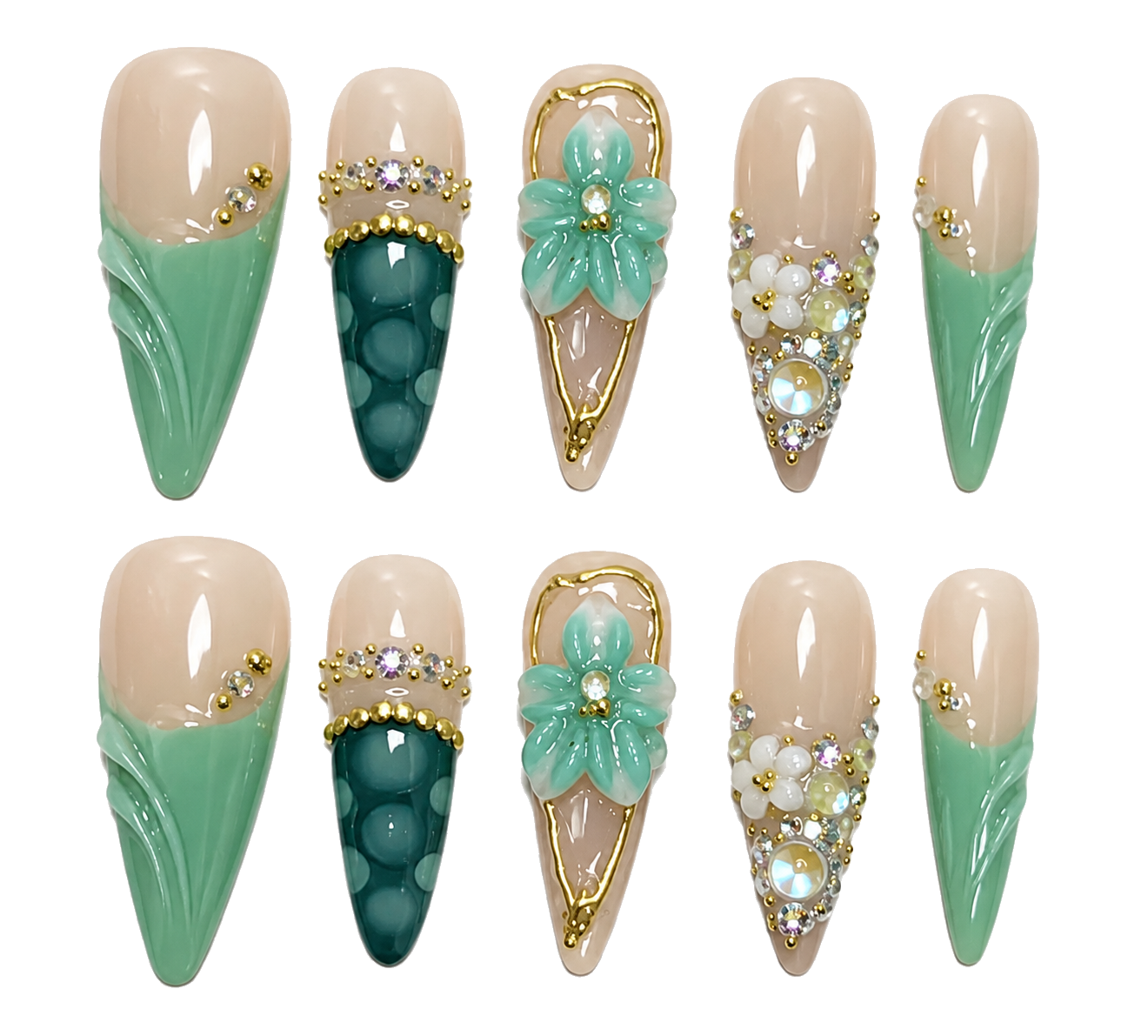 Jade Garden Long stiletto · floral jewel reusable press-on nail set