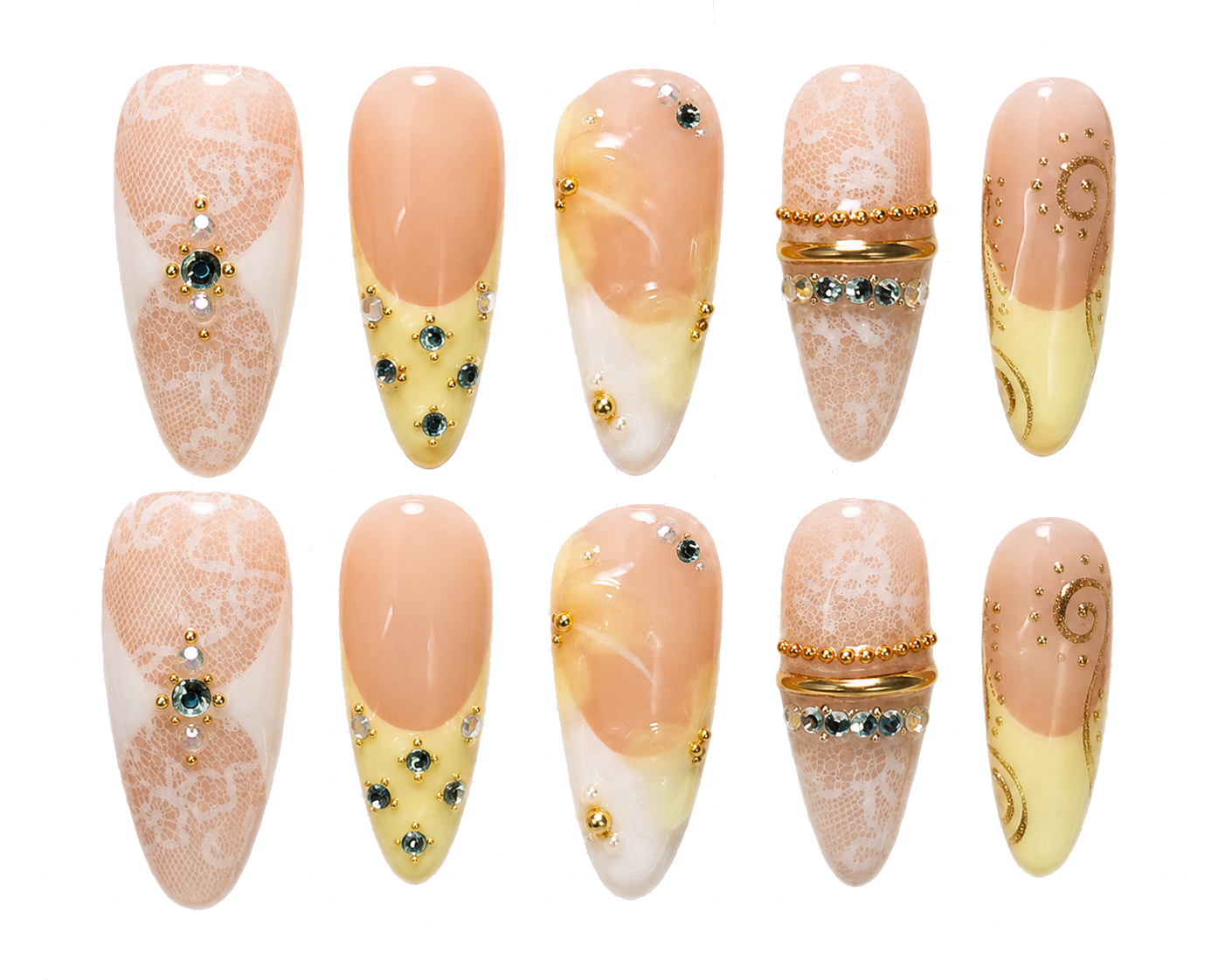Lemon Lace Medium almond · soft yellow reusable press-on nail set