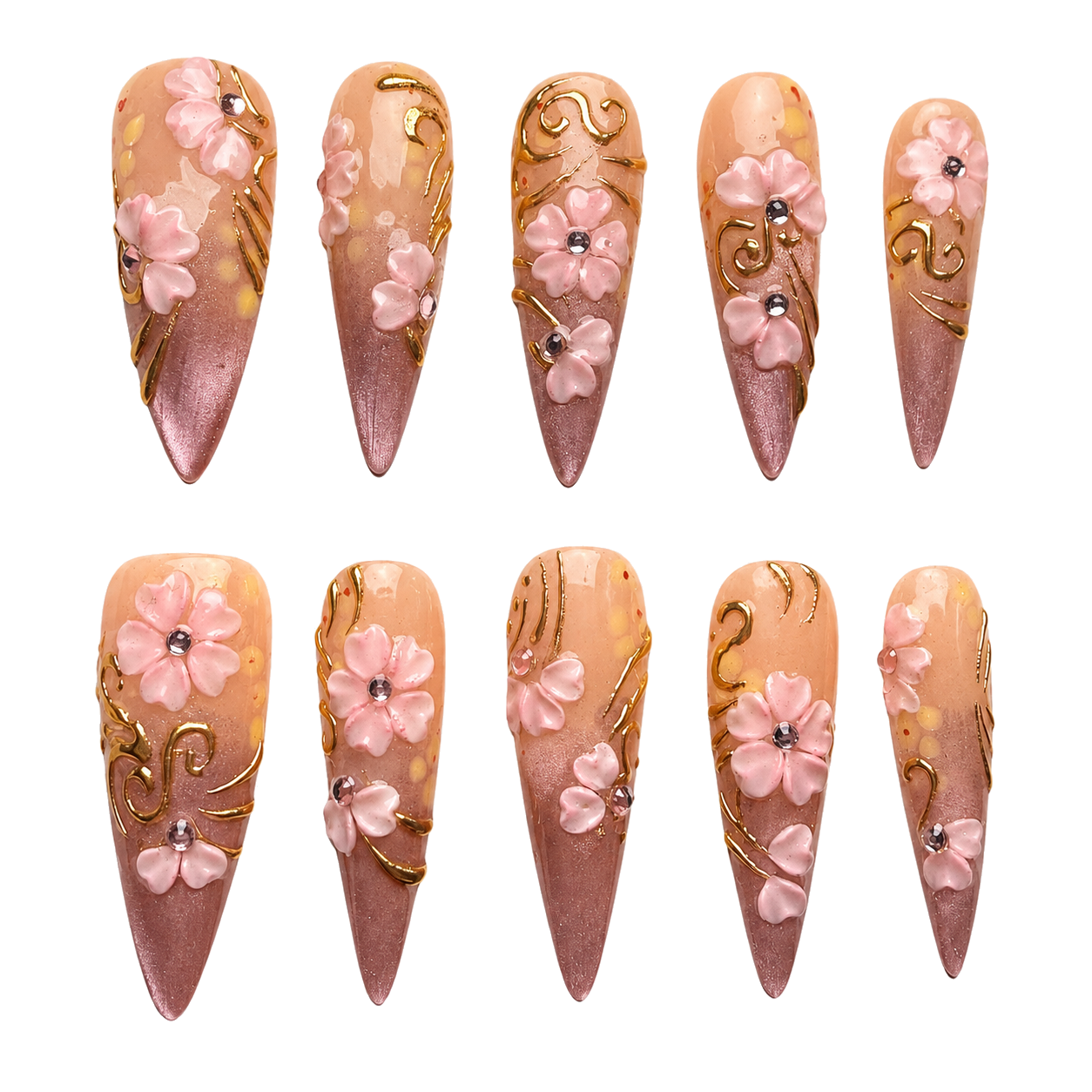 Mauve Garden pink 3d floral reusable press-on nail set
