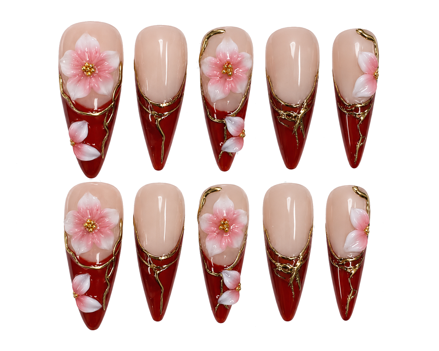 Merlot Bloom Long stiletto · 3D floral reusable press-on nail set