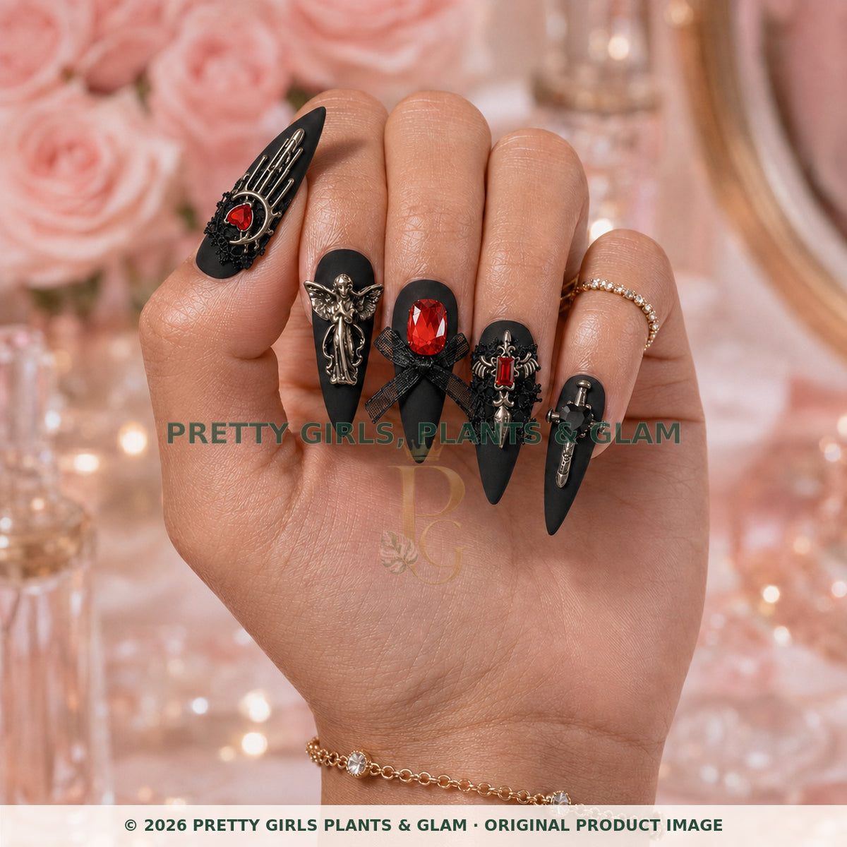 Midnight Devotion press-on nails modeled upright on a hand