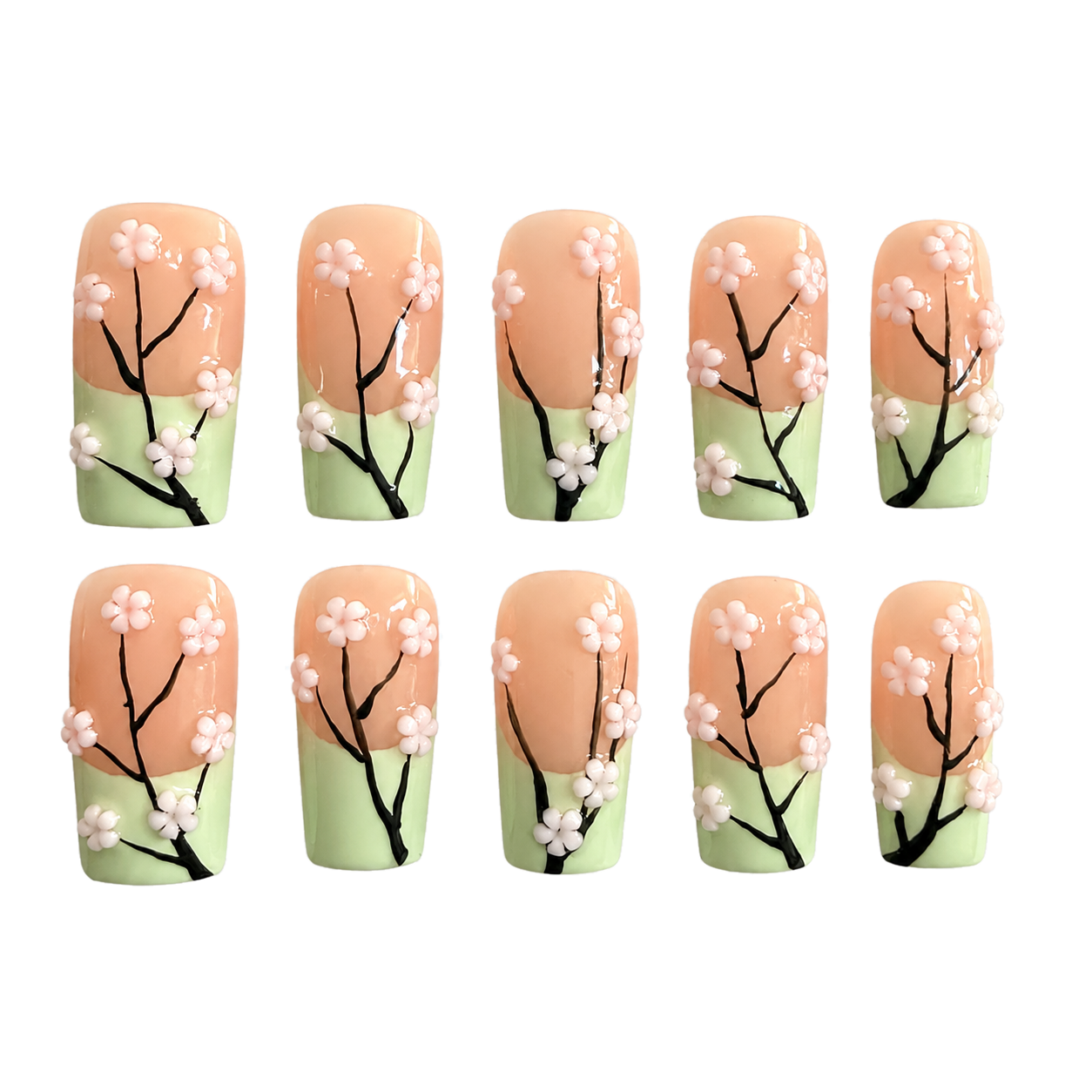 Mint Blossom green 3d floral reusable press-on nail set
