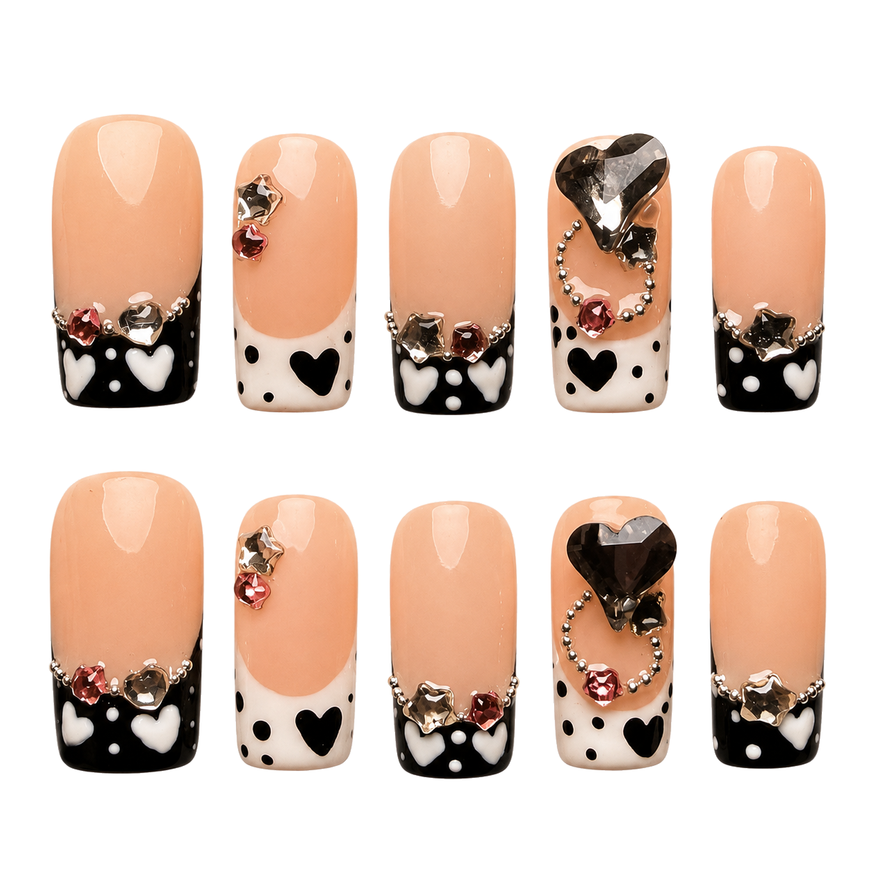 Noir Hearts neutral crystal reusable press-on nail set