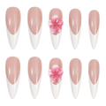 Pink French Bloom long almond white French press-on nails with pink flower accents