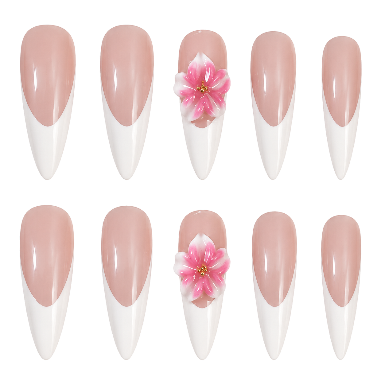 Pink French Bloom long almond white French press-on nails with pink flower accents