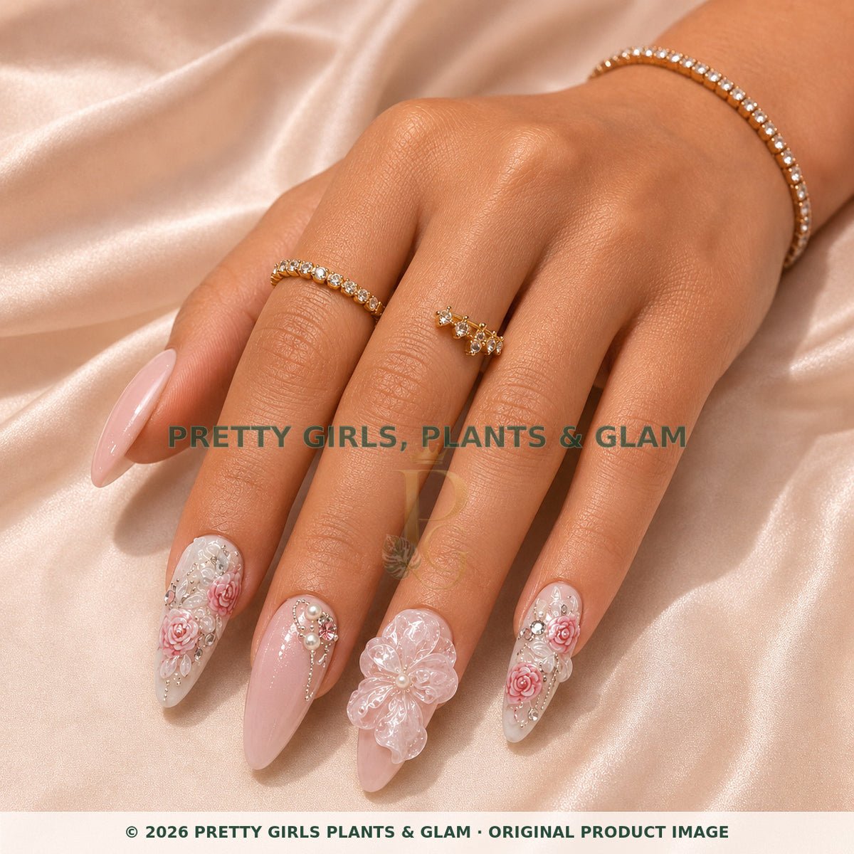 Porcelain Rose press-on nails modeled on a hand