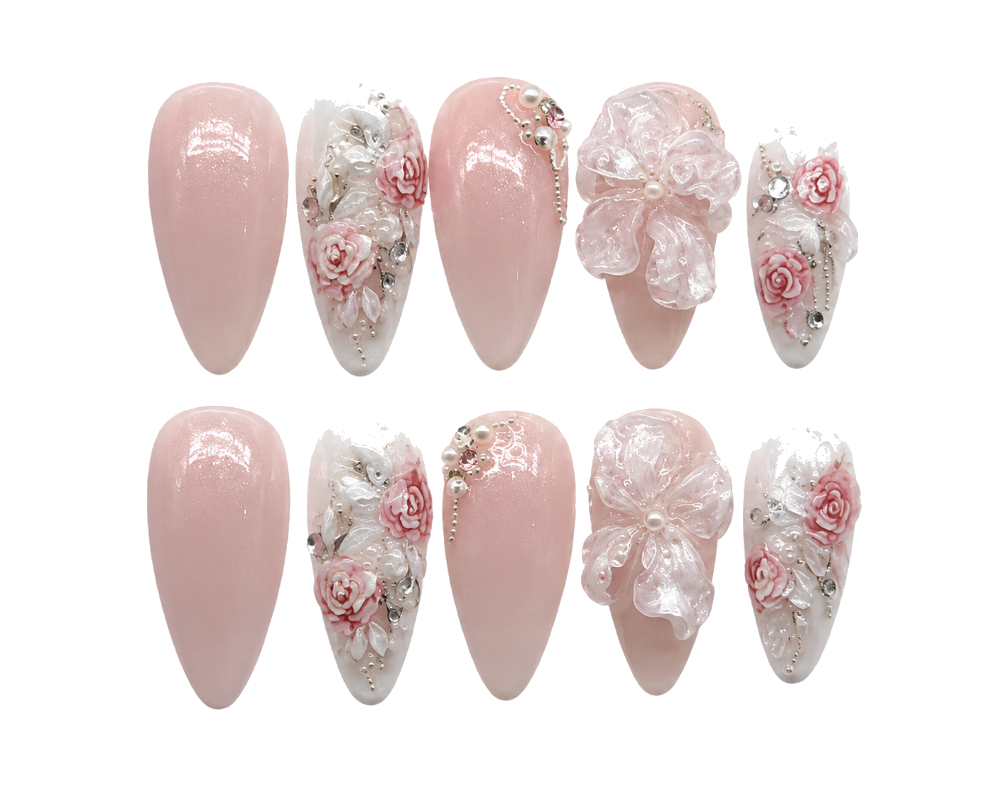 Porcelain Rose Medium almond · 3D roses reusable press-on nail set