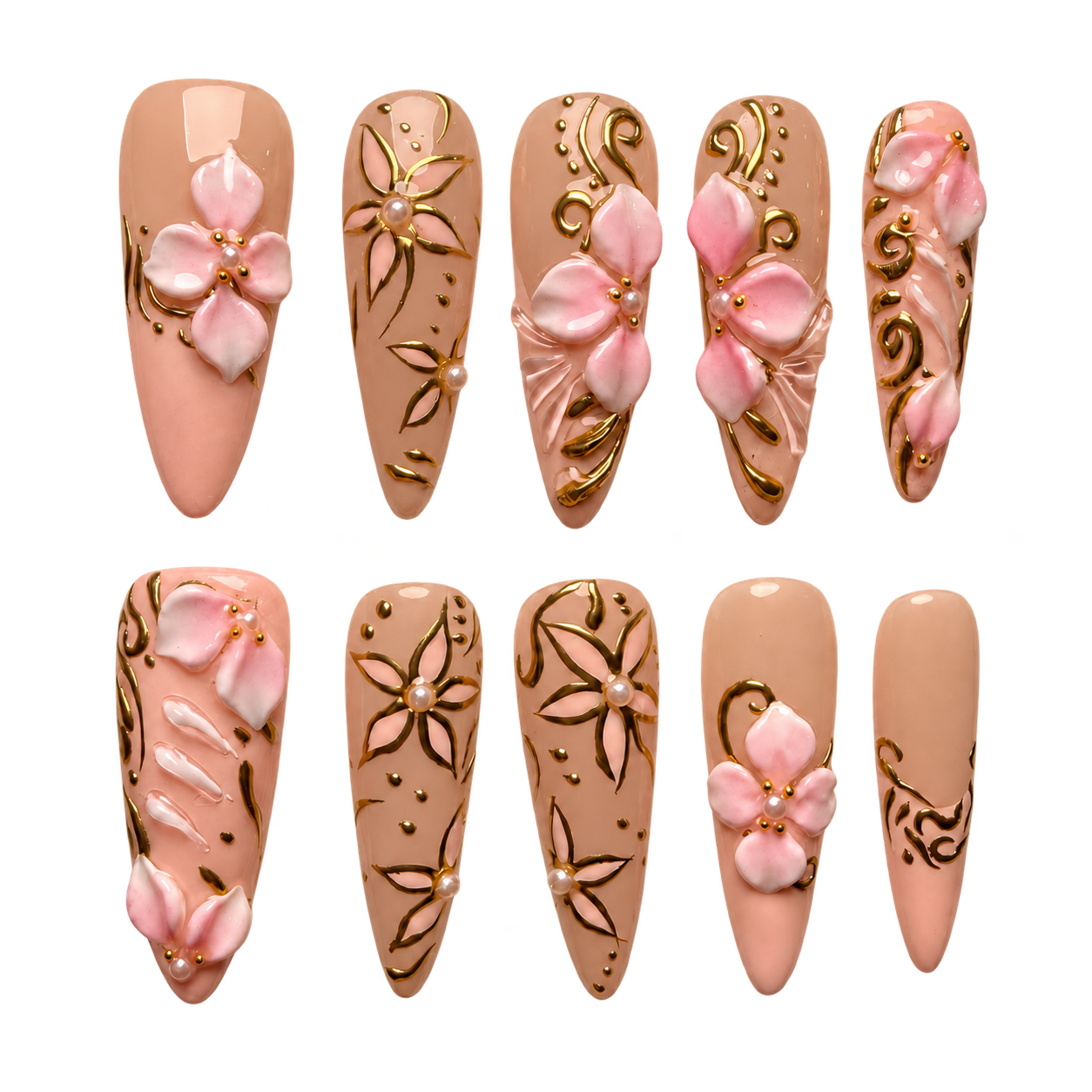 Rose Gold Bloom pink 3d floral reusable press-on nail set