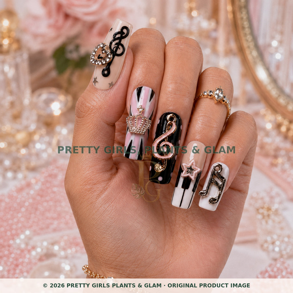 Royal Melody press-on nails modeled upright on a hand