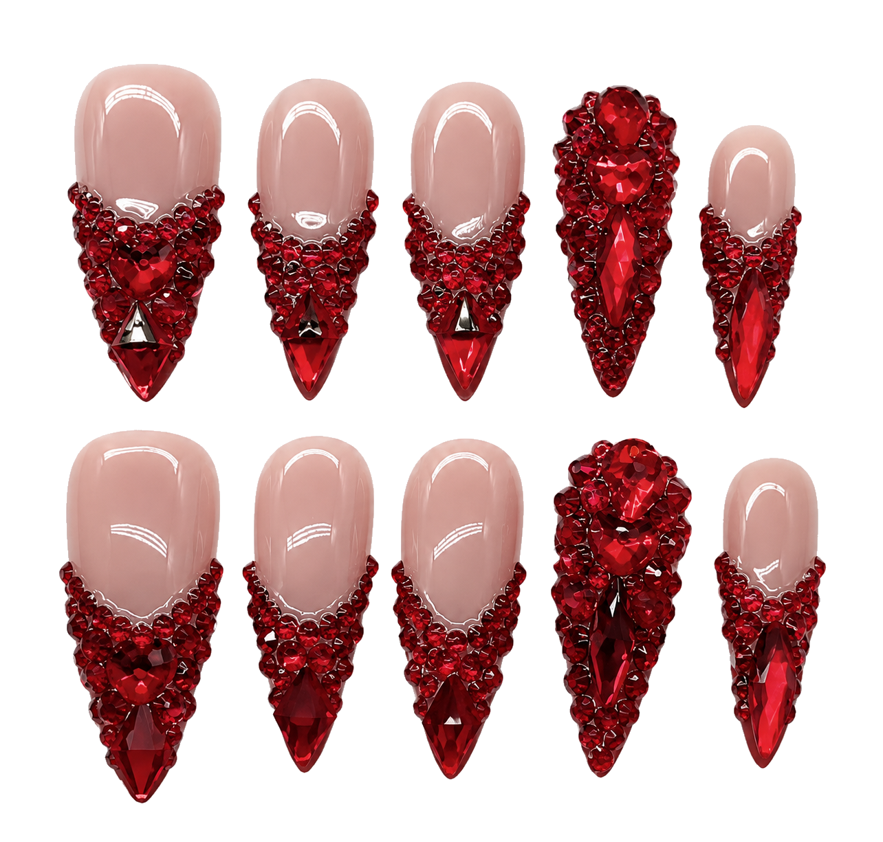 Ruby Romance Long stiletto · red crystal reusable press-on nail set