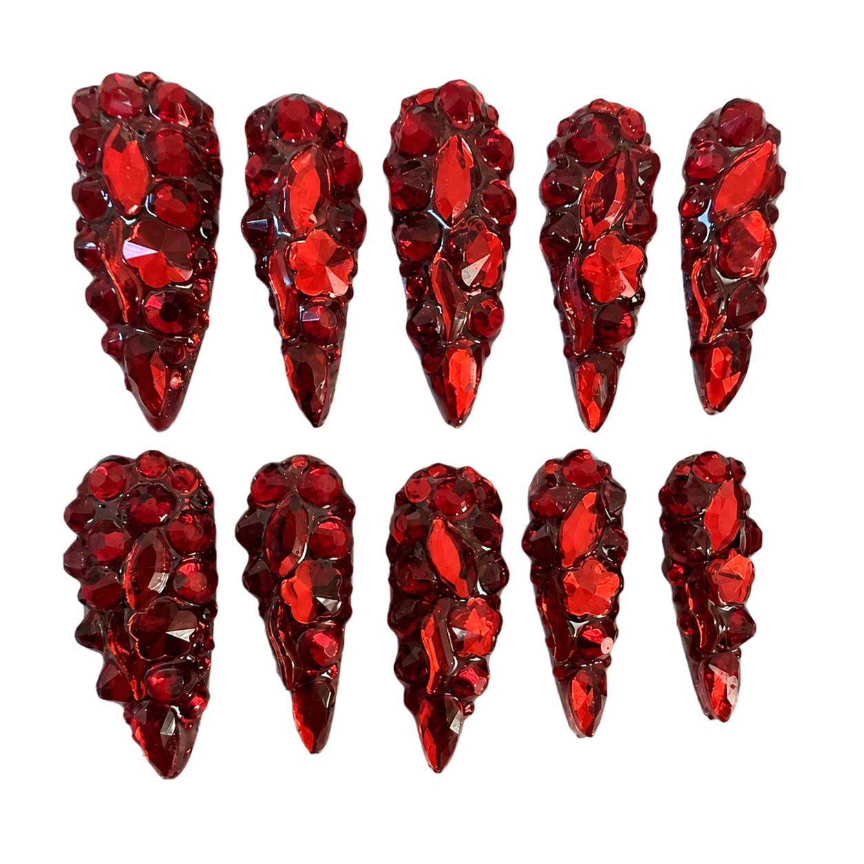 Ruby Royale premium long stiletto red crystal press-on nail set
