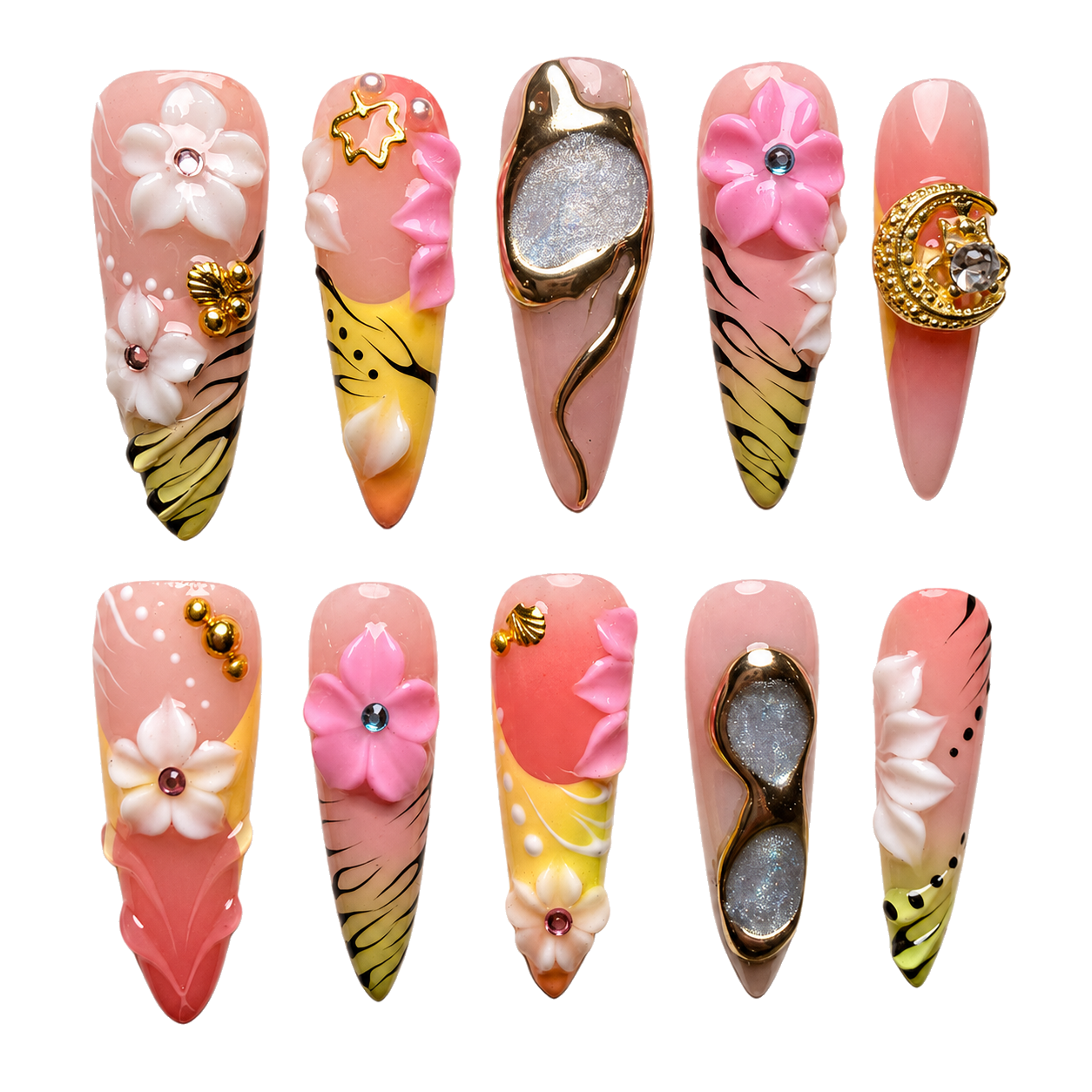 Safari Sunset yellow embellished reusable press-on nail set