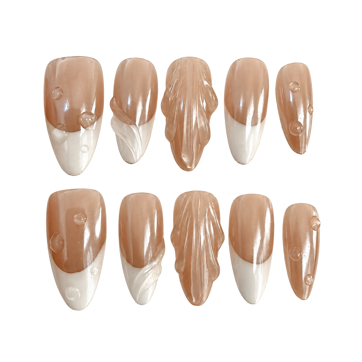Sculpted Pearl French long nude and white textured press-on nail set