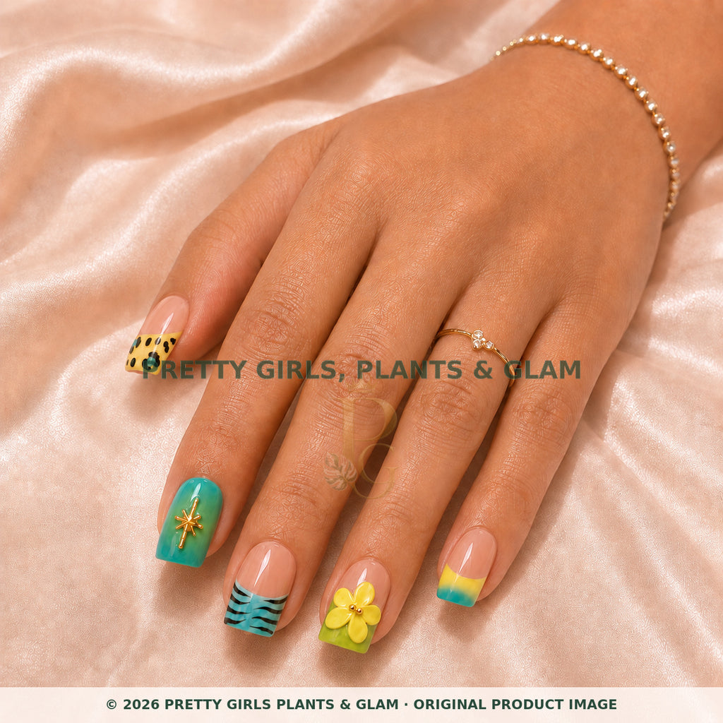 Tropical Garden press-on nails modeled on a hand