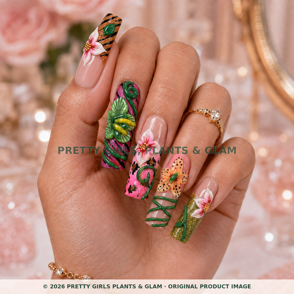 Tropical Muse press-on nails modeled upright on a hand