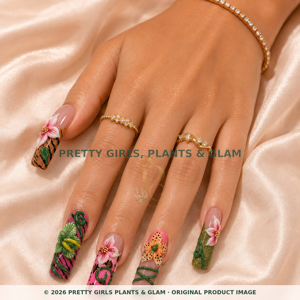 Tropical Muse press-on nails modeled on a hand