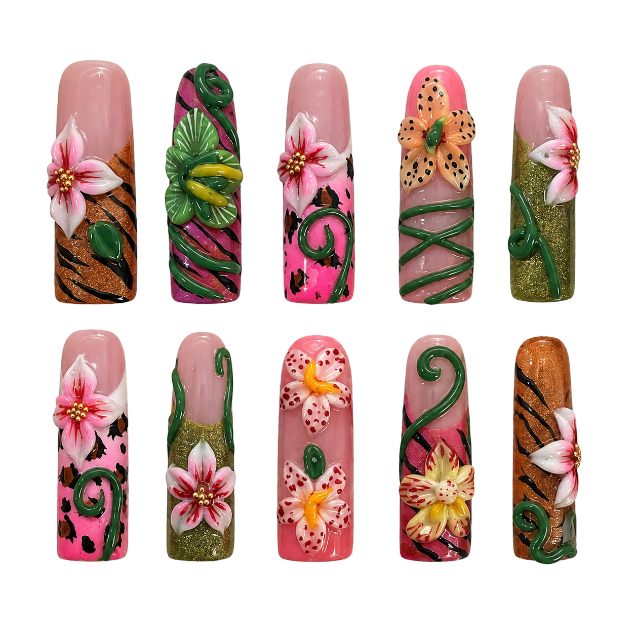 Tropical Muse pink 3d floral reusable press-on nail set